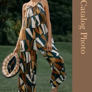 Anthropologie Wide-Leg Jumpsuit Brown White Black Motif Size M  NWT